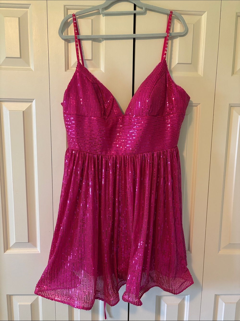 Fuchsia Sequin Spaghetti-Strap Homecoming Dress